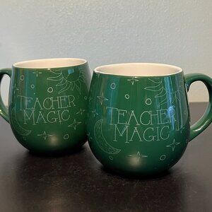 Set of 2 TEACHER MAGIC Green Ceramic Mugs  ~ Back-to-School Teacher Gifts